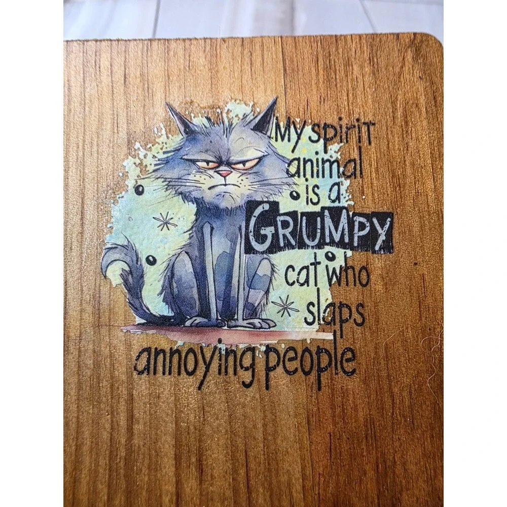Grumpy Cat Wooden Coasters Set of 3 Snarky Humor Rustic Drink‎ Mats Brown F1